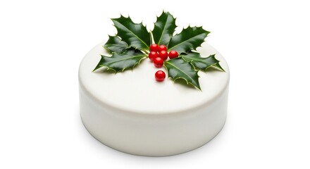 Naklejka premium A white frosted cake decorated with green holly leaves and red berries on a white background