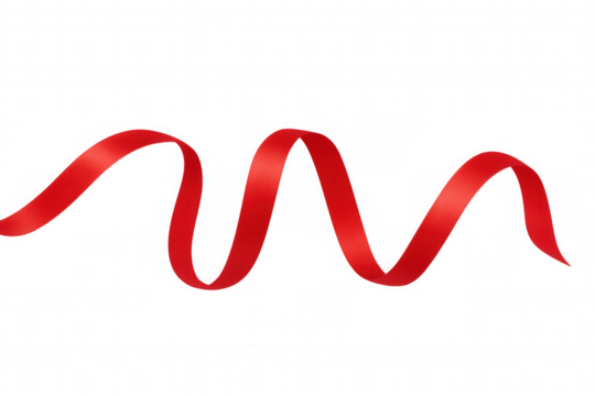 Red ribbon forming a wavy spiral, representing celebration, gift wrapping, holidays, and festive decoration on a transparent background