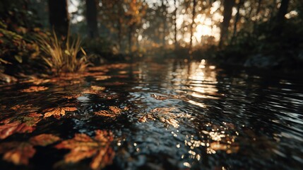 Fototapeta premium Golden Hour on Stream Through Autumnal Forest with Fallen Leaves and Sunlight Reflections