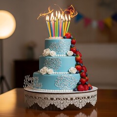 Birthday Cake with Candles and Berries.