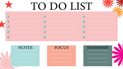 Creative to do list template featuring sections for notes focus and reminders with colorful floral decorations ideal for productivity planning office work study and personal organization