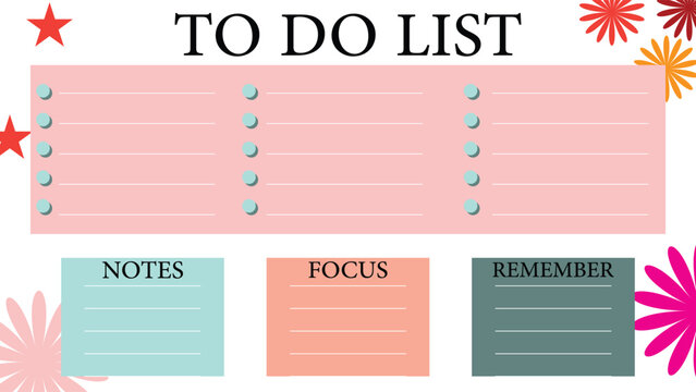 Creative to do list template featuring sections for notes focus and reminders with colorful floral decorations ideal for productivity planning office work study and personal organization