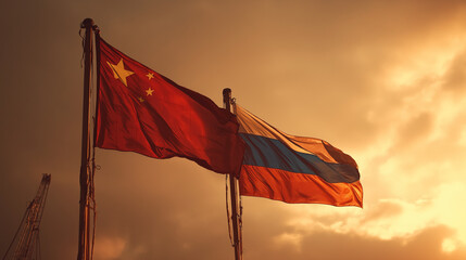 Diplomatic collaboration between china and russia global politics flags sunset aerial view international relations
