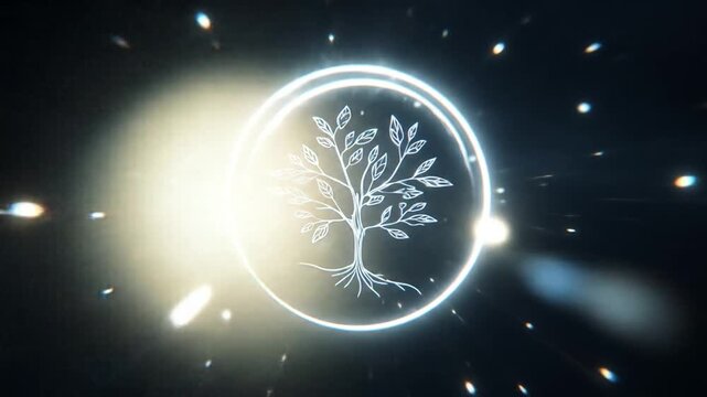 Animated tree logo on dark background with light effects