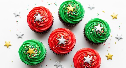 Festive cupcakes with red and green frosting topped with star sprinkles on a white background