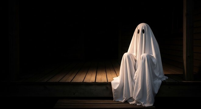 A ghost draped in white cloth with eye holes sits on a wooden porch in dim lighting