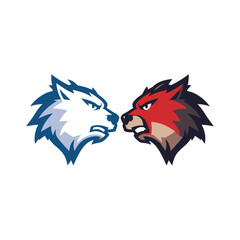Obraz premium Illustration of two stylized wolf heads facing each other, one white and one red, representing rivalry or competition