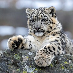 Fototapeta premium Snow Leopard on a Rocky Outcrop.