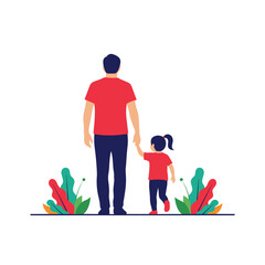 A father and his daughter walking together holding hands surrounded by decorative foliage.
