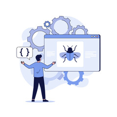 A software developer stands beside a computer screen displaying a bug icon with gears in the background representing coding and development.