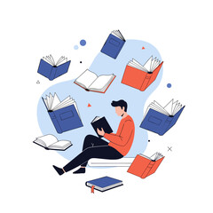 A person reads a book surrounded by many flying books.