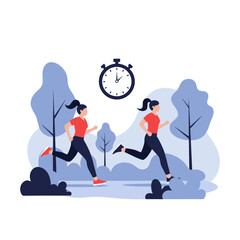 Two women jogging in a park with a stopwatch overhead indicating timed exercise.