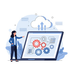 Woman pointing at a laptop screen displaying gears and cloud computing graphics.