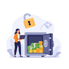 A person monitors a safe filled with money while an unlocked padlock hangs above.
