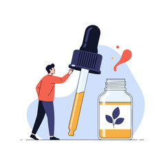 A person is using a dropper to extract a liquid from a bottle with a leaf logo.