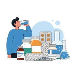 A person drinks from a bottle next to a variety of pills and laboratory equipment.