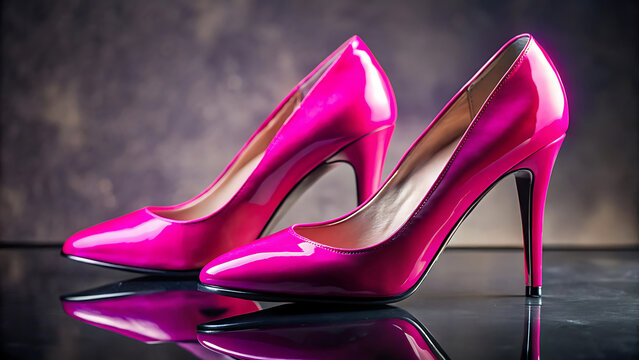 Pair of bright pink high heels on glossy surface glamorous fashion accessory
