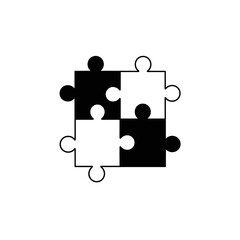 A simple image of four puzzle pieces forming a square with two black and two white pieces. .