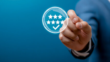 Hand holding a virtual badge with five stars and a checkmark