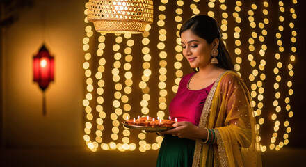 A captivating and spiritually resonant image of an Indian woman in festive attire