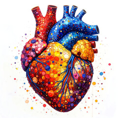 Colorful heart organ illustration vibrant anatomical heart with dotted texture and veins, energetic medical art expressing life and joy