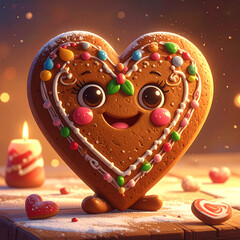 Heart shaped gingerbread cookie with smiling face and colorful icing decorations, warm candlelight and festive cozy mood