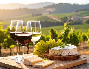 Wine, cheese, and grapes in vineyard setting