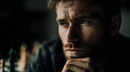 Obraz premium Close up portrait of a man with intense blue eyes deep in thought hand on chin in dramatic light and shadow