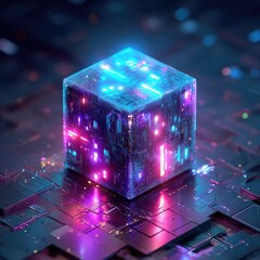 Illuminated digital cube with futuristic design and technology concept