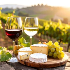 Wine, cheese, and grapes on a wooden platter