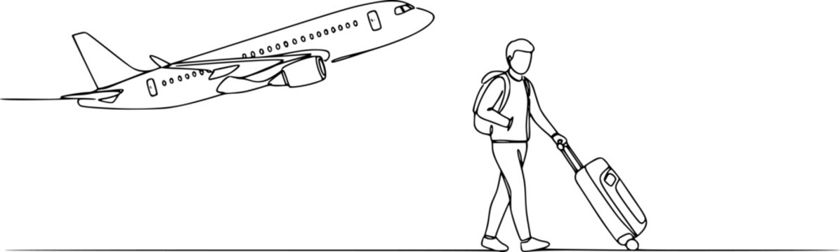 Airplane continious one line art style vector with transparent background, Airplane one line drawing on a white background, Suitcase and airplane drawn with one editable ontinuous single line drawing.