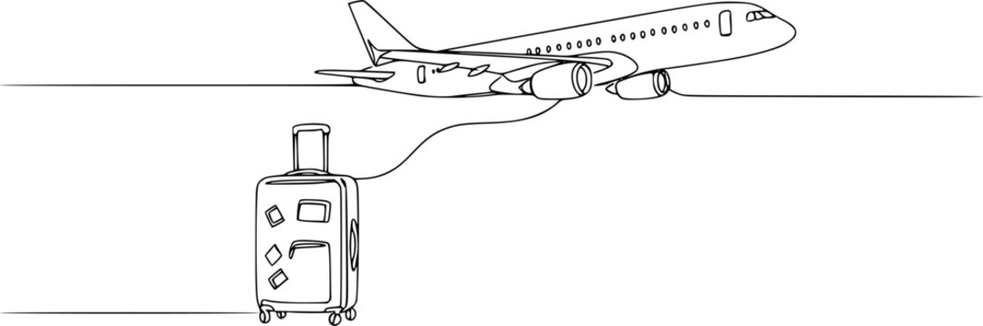 Airplane continious one line art style vector with transparent background, Airplane one line drawing on a white background, Suitcase and airplane drawn with one editable ontinuous single line drawing.