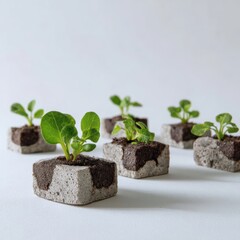 Miniature Green Sprouts Bursting from Rough Concrete Cubes Cultivating New Life Hope and Sustainable Gardening