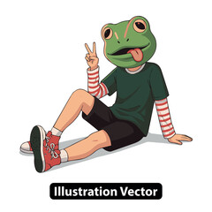 Whimsical frog-headed character in urban street style outfit making a peace sign