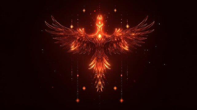 Animated phoenix in flames soaring against a dark background