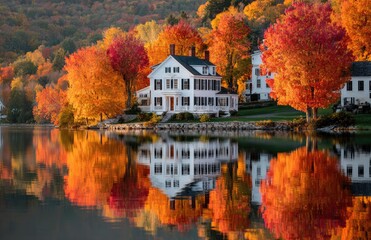 Fototapeta premium Autumnal village reflected in calm lake. Vivid fall foliage surrounds a white house, mirrored perfectly in the still water
