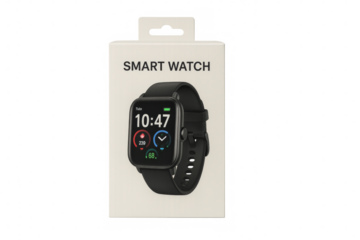 Smartwatch in white retail box with transparent background