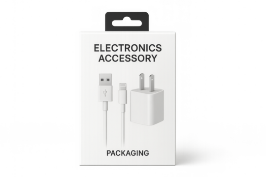White electronics accessory packaging showing charging cable and adapter
