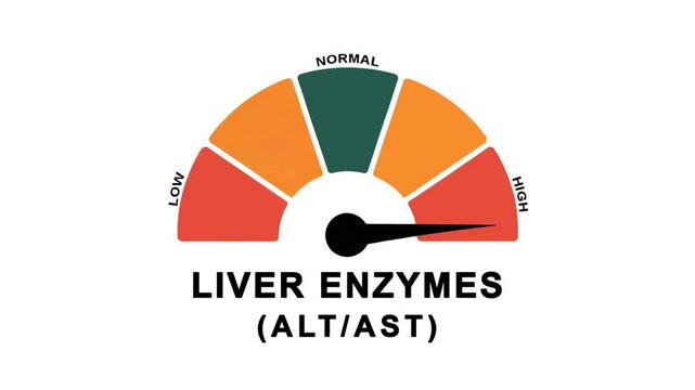 Animated liver enzymes level meter moving from high level to normal level, ideal for concepts related to liver health, hepatitis treatment, and medical diagnostics