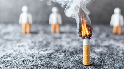 A burning cigarette emits smoke, symbolizing addiction, with small figures in the background, highlighting the impact of smoking on society.