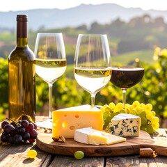 Wine, cheese, and grapes on a wooden table outdoors
