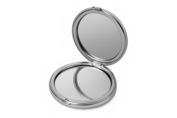 Open silver compact mirror reflecting on transparent background