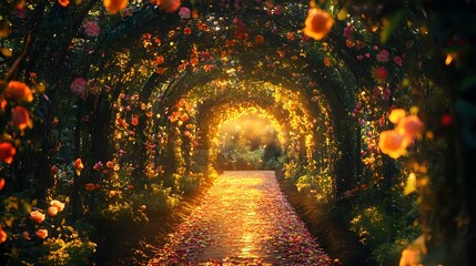 A romantic flower-covered arbor path illuminated by late golden hour lighting 
