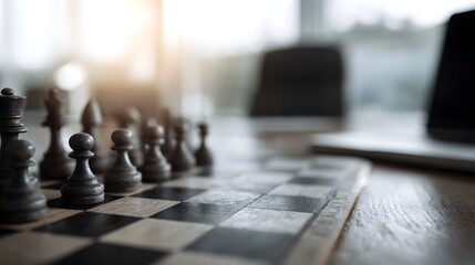 Black chess pieces lined up on a wooden chessboard in a blurred office setting suggesting strategic thinking and business planning
