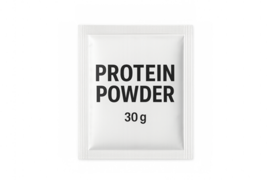 Protein powder sachet packaging mockup with transparent background