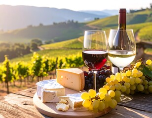 Wine, cheese, and grapes on a wooden table overlooking vineyards