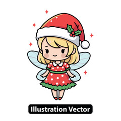 Charming cartoon Christmas fairy girl with sparkling wings and a festive red holiday dress