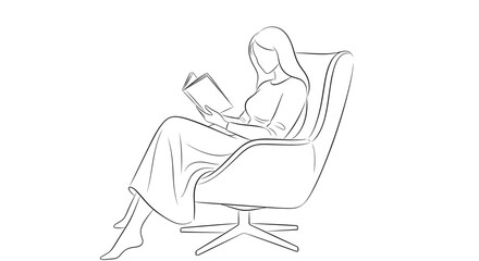 Minimalist fashion sketch of a woman reading a book while sitting in a comfortable armchair for copy space