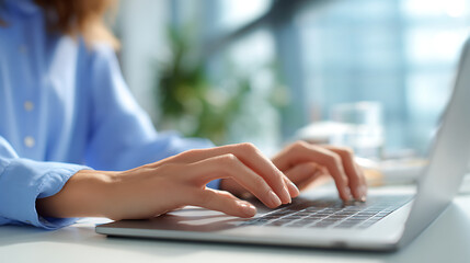 Close up of woman's hands typing on a laptop keyboard in a bright office setting computer