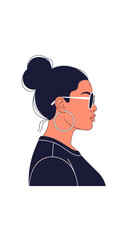 Stylish profile portrait of a confident woman with sunglasses and a bun hairstyle against a white background for copy space